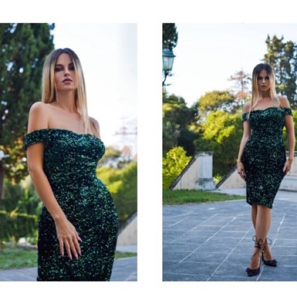 BNWT Retro Stage GREEN 1960S SEQUINS OFF-SHOULDER PENCIL DRESS Size L $99.89 USD - Picture 3 of 7